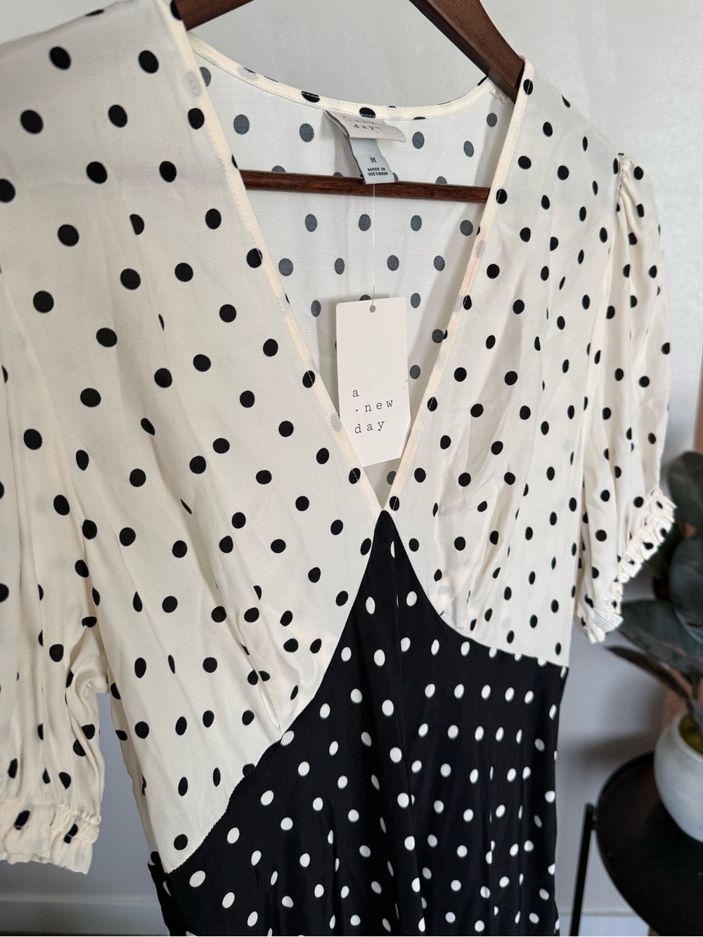 A New Day Two-Tone Polka Dot V-Neck Dress in Black and White